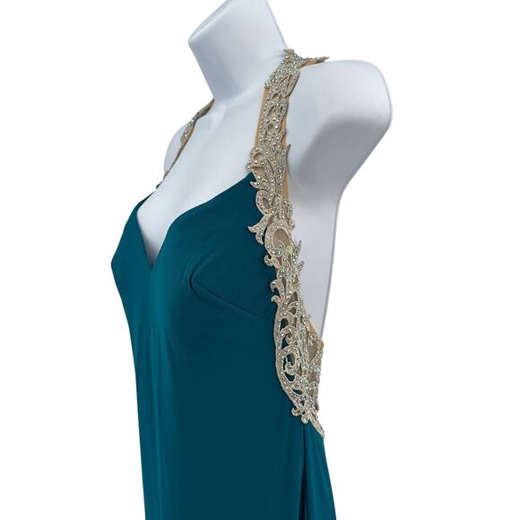 La Femme Prom Dress SZ 6 Teal Sleeveless Formal Embellished Lace Strap Racerback - Picture 12 of 16